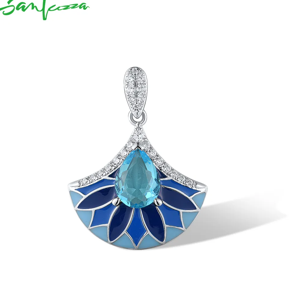 Authentic SANTUZZA Genuine 925 Sterling Silver Pendant for Women Sparkling Blue Stone Enamel Elegant Wedding Engagement Fine Jewelry