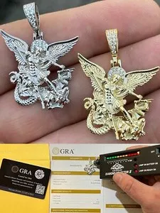 Authentic MOISSANITE Saint Michael Archangel Pendant 925 Silver/Gold Plated Pass Tester