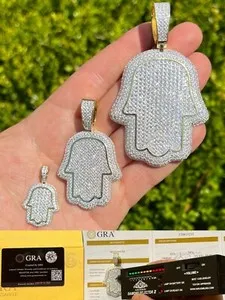 Authentic MOISSANITE 14k Gold Plated Hip Hop Hamsa Hand Iced Real Pendant Passes Tester