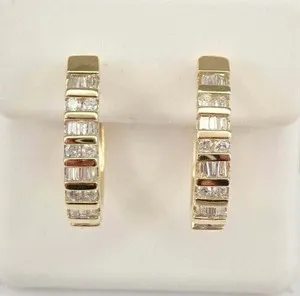 Authentic 1Ct Baguette Tester Pass Moissanite Huggie Hoop Earrings 14K Yellow Gold Plated