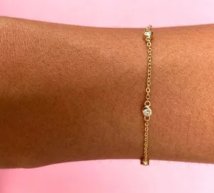 Authentic 2Ct Real Moissanite Tester Pass Dainty Bracelet 14K Yellow Gold Plated Size 7.5"