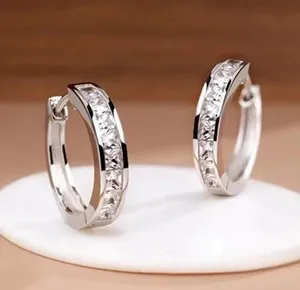 Authentic Radiant Moissanite Celestial Huggie Hoops in 14K White Gold Plating