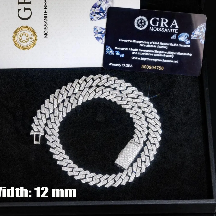 Authentic 12Mm 3 Rows Moissanite Iced Out Cuban Link Chain Necklaces Choker Pass Tester Hip Hop Jewelry 18K Gold Plated