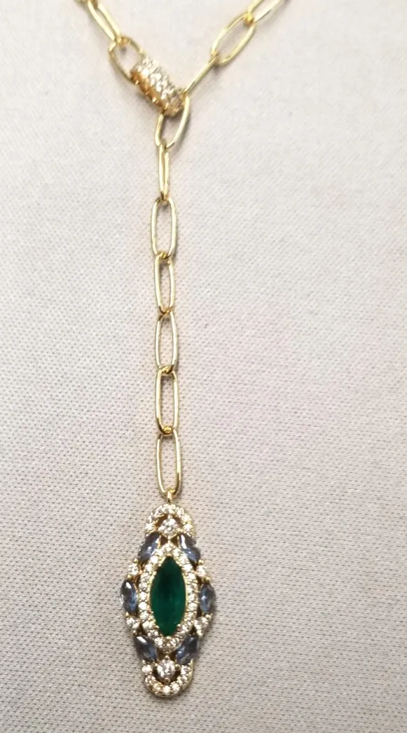 Authentic Bomb Party Green CZ Halo Pendant Yellow Gold Plated Lariat Necklace 18"+2.5"