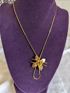 Authentic Yellow gold plated lariat necklace with mesh rose 18" long
