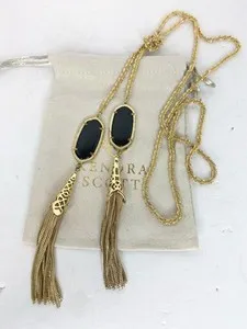 Authentic Kendra Scott Megan Lariat Necklace Gold Plated Black Stone Fringe Tassel Long