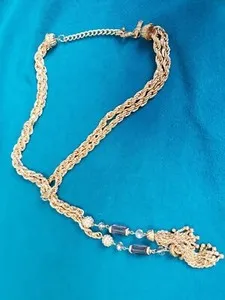 Authentic INC gold plated lariat necklace 18" with 9" dangles/tassels rhinestone balls