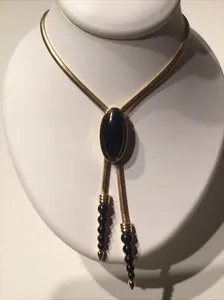 Authentic Vintage RareSigned MONET Jewelry Lariat 22K Gold plated Hematite Coloured Beads