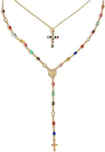 Authentic 18K Gold Plated 2 Layered Cross Lariat Necklace, Standard,