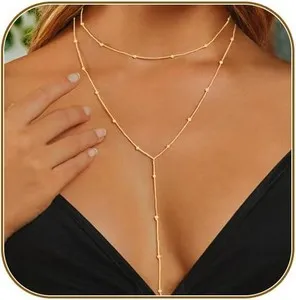 Authentic 14k Gold Plated Silver Y-Shaped Lariat Necklace Layered Beaded Drop Jewelry