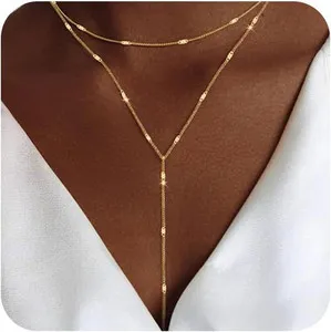 Authentic Lariat Gold Necklace for Women Trendy Dainty 14K Gold Plated/Silver Layered Chai