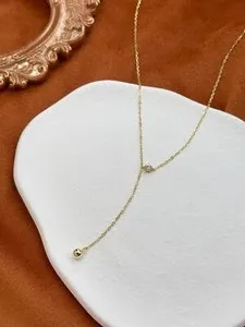 Authentic 14K Gold Plated Sterling Silver Chain Y Lariat Necklace Zircon Beaded Pendant