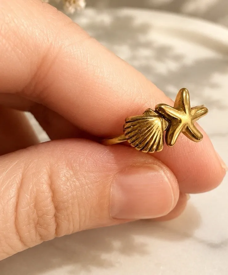 Authentic Gold Plated Starfish & Seashell Beach Band Ring Size 6 No Stone