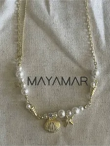 Authentic Mayamar Gold Pearl Seashell Necklace - 24k gold plated with blue & pink stones