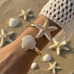 Authentic Enamel Open Cuff Bracelet for Women Flower Starfish Shell Gold Plated Bangle.