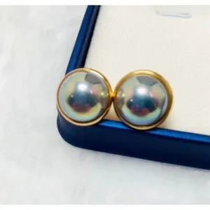 Authentic SeaShell MABE Pearl Gray Blue 5/8'' Clip On Earrings 14K Gold Plated
