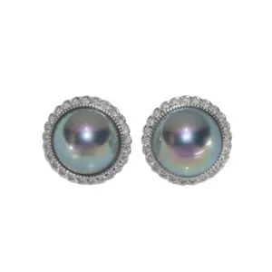 Authentic SeaShell MABE Pearl Gray 17.5mm DC Stud Earrings 14k White Gold Plated Sliver