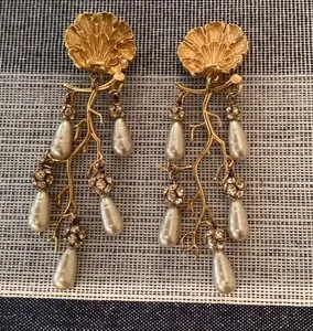 Authentic Philippe Ferrandis French? Gold Plated Seashell Faux Pearl Chandelier Earrings