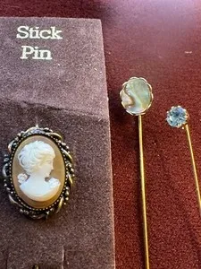 Authentic Lot of 3 VINTAGE LADY CAMEO, BLUE TOPAZ, SEASHELL GOLD PLATED STICK PIN UNUSED