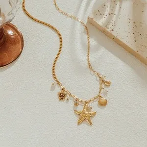 Authentic Gold Plated Starfish Seashell Charm Necklace Beach Paperclip Chain