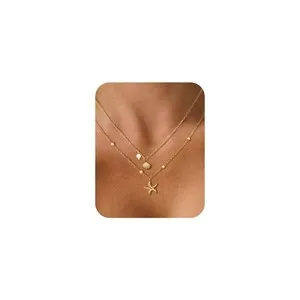 Authentic Seashell Layered Charm Necklace for Women,14k Gold Plated Starfish Pendant No...