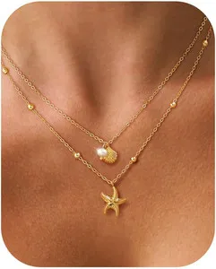 Authentic Shell Starfish Charm for Women, Dainty Layered 14K Gold Plated Seashell Conch St