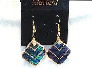 Authentic 24k GOLD PLATED BLUE PAUA ABALONE SEASHELL DANGLE EARRINGS 80's VINTAGE