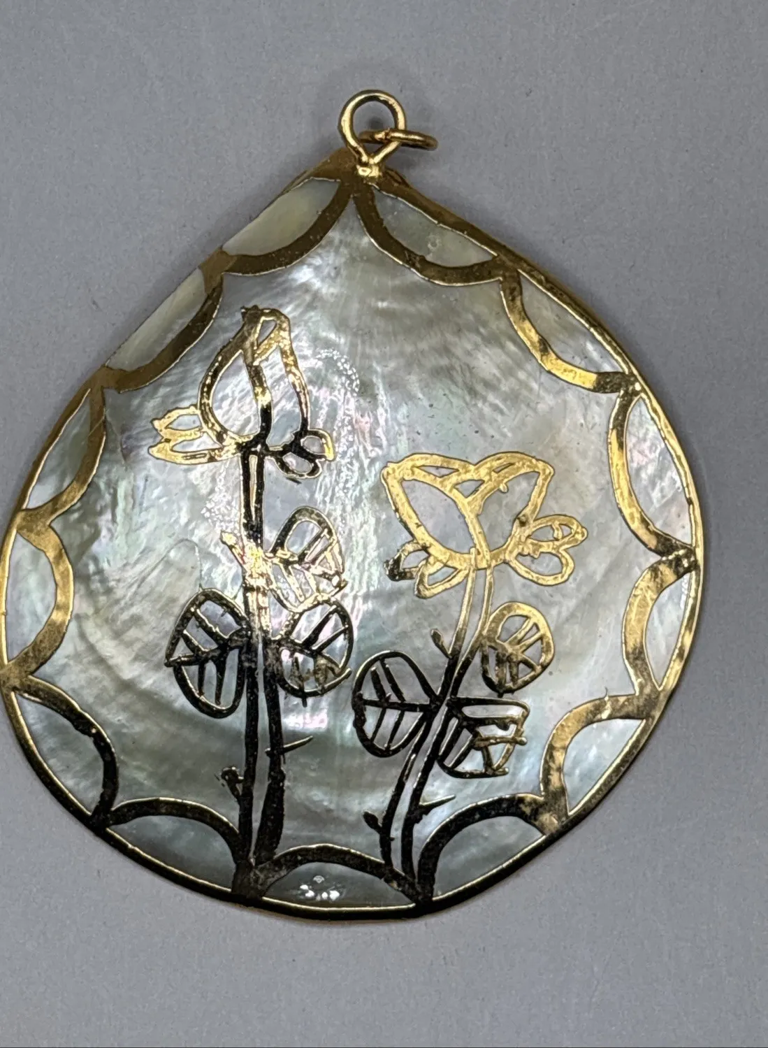 Authentic Vintage Abalone Seashell Necklace Pendant Gold Plated Overlay Roses Dipped