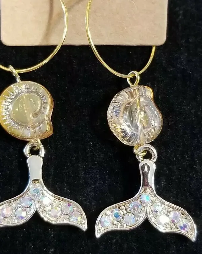 Authentic Gold Plated Dolphin Tail Crystal Earrings Crystal Seashell Hoop Drop Dangle