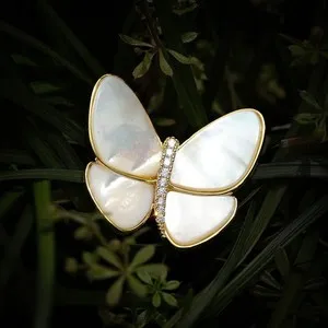 Authentic Butterfly Brooch Natural Seashell 14K Gold Plated Micro Pave Zircon Pin with Box