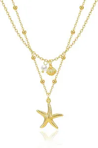 Authentic Shell Necklace for Women,14K Gold Plated Layered Starfish Conch Seashell Pearl P