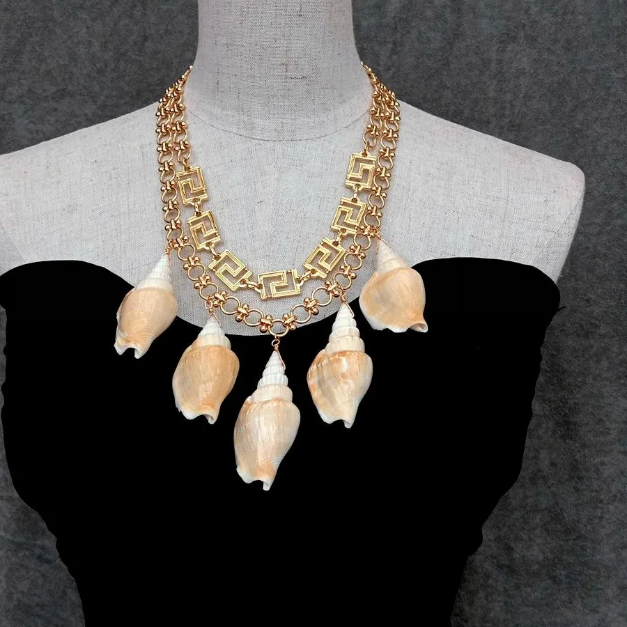 Authentic YYGEM 2 Rows 31x69mm Natural Sea Shell Gold Plated Chain Necklace Summer Beach Shell Choker Bohemian Rope Necklace