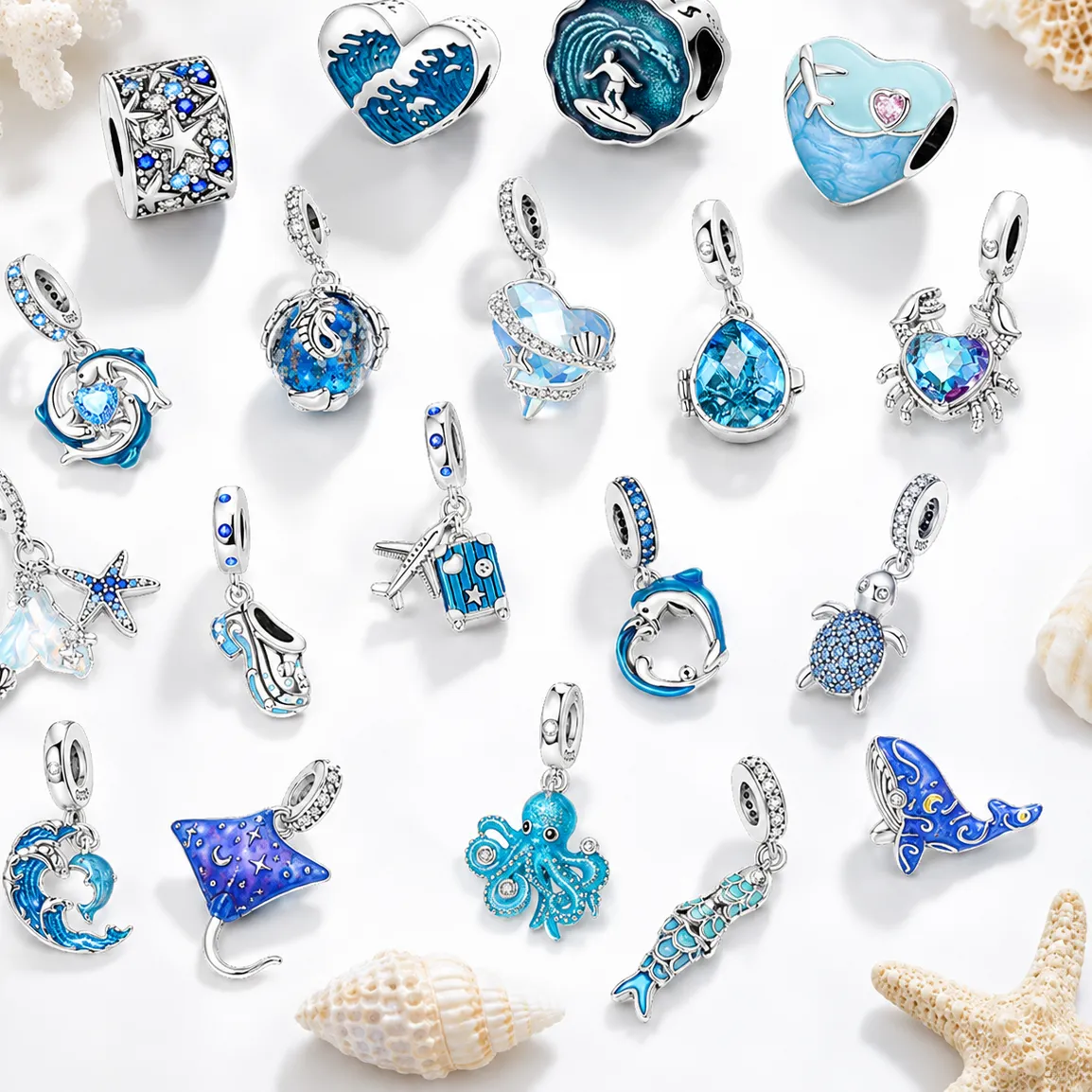 Authentic 925 Sterling Silver Ocean Theme Charm Beads For Women Blue Wave Dolphin Seashell Compatible Summer Beach Vacation Jewelry