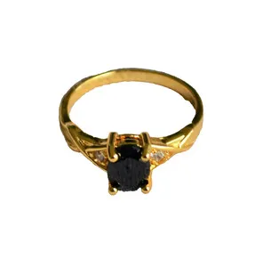 Authentic Women's Gold-Plated Ring Textured Band, Oval-Cut Onyx and Two Sapphires  Size 8