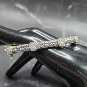 Authentic Sterling Silver & Yellow Gold Plated Woven Textured Hinged Bangle Pave Diamonds
