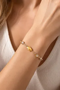 Authentic 18K Gold Plated Stainless Steel Textured Oval Bean CZ Charm Link Chain Bracelet