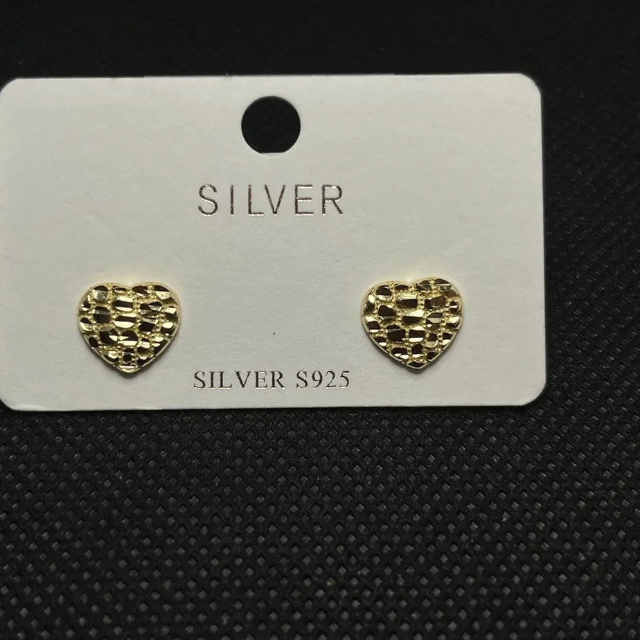 Authentic Nugget Heart Stud Earrings 925 Sterling Silver Gold Plated Textured 10mm