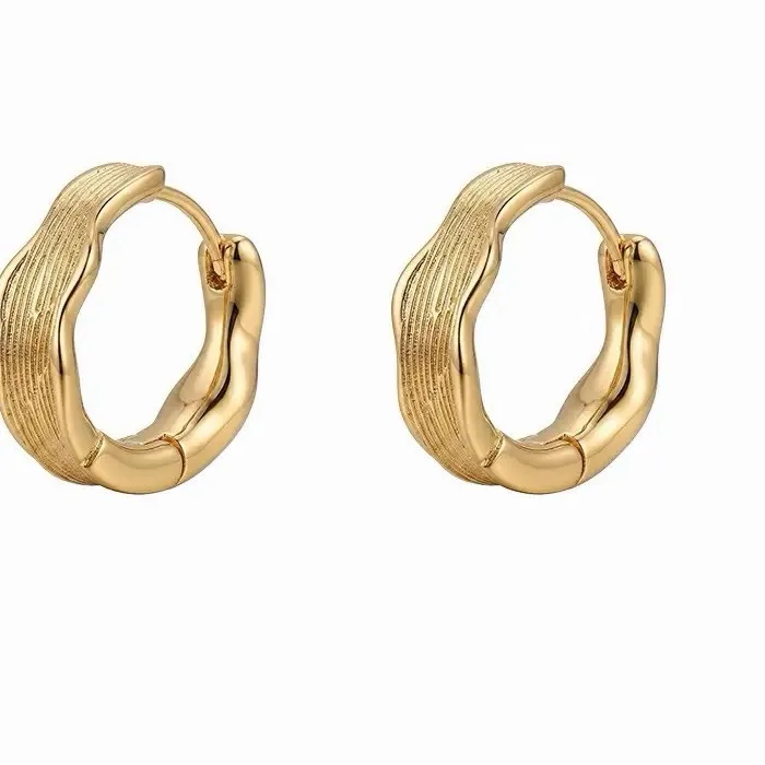 Authentic 18K Gold Plated Textured Hoop Earrings Irregular Wave Huggie Earrings A13