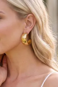 Authentic 18K Gold Plated Brass Woven Textured Wide Open C Hoop Stud Earrings 1 Inch