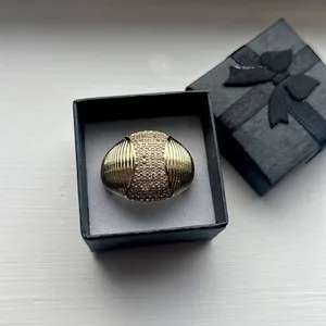 Authentic 18K Gold Plated Dome Ring Textured Pave Statement Cocktail Ring - Adjustable