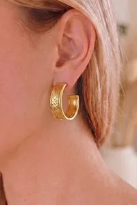 Authentic Spiral of Protection: 18K Gold Plated Hammered Textured Wide Open C Hoop Earrings