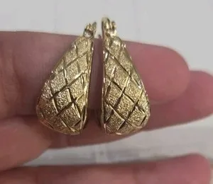 Authentic 14k Gold Plated Textured Teardrop Hoop Earrings Latch Back