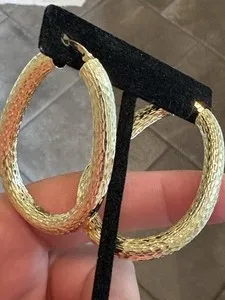 Authentic Gold Plated Sterling Silver Textured Teardrop 2"L Hoop Earrings