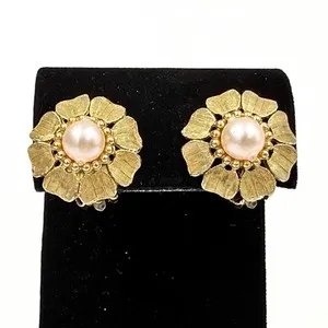 Authentic Designer High End Textured Gold Plated Flower Faux Pearls Clip Earrings