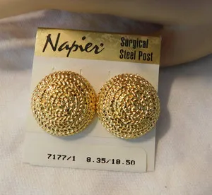 Authentic Napier Gold Plated Textured Button Earrings New from Vintage Stock