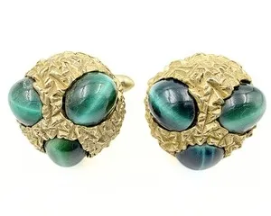 Authentic Vintage Handsome Hallmarked Green Cats Eye Textured Gold Plated Cufflinks
