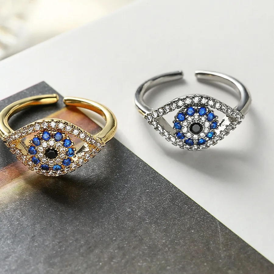 Authentic Elegant Dark Blue Zirconia Rings 18k Gold Plated Coppe Cubic Zirconia Turkish Evil Eye Signet Ring For Women Jewelry Lucky