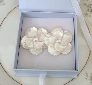 Authentic NWOT Nicola Bathie Mother of Pearl Floral Gold Plated Large Earrings with Box