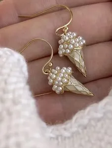 Authentic 14k Gold Plated Pearl Cone Ice Cream Dangle Earrings NWOT