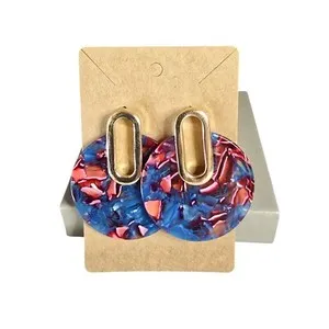 Authentic Women's Gold Plated Blue Pink Multi Statement Pierced Earrings NWOT